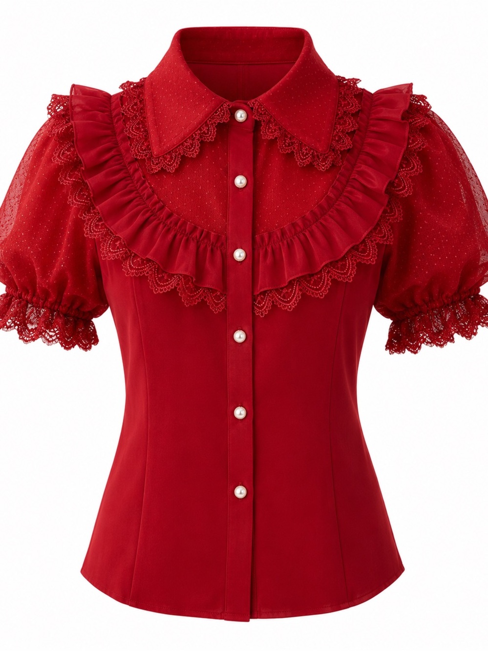 Red Ruffled Puff Sleeve Button-Up Top - Picture 2 of 6